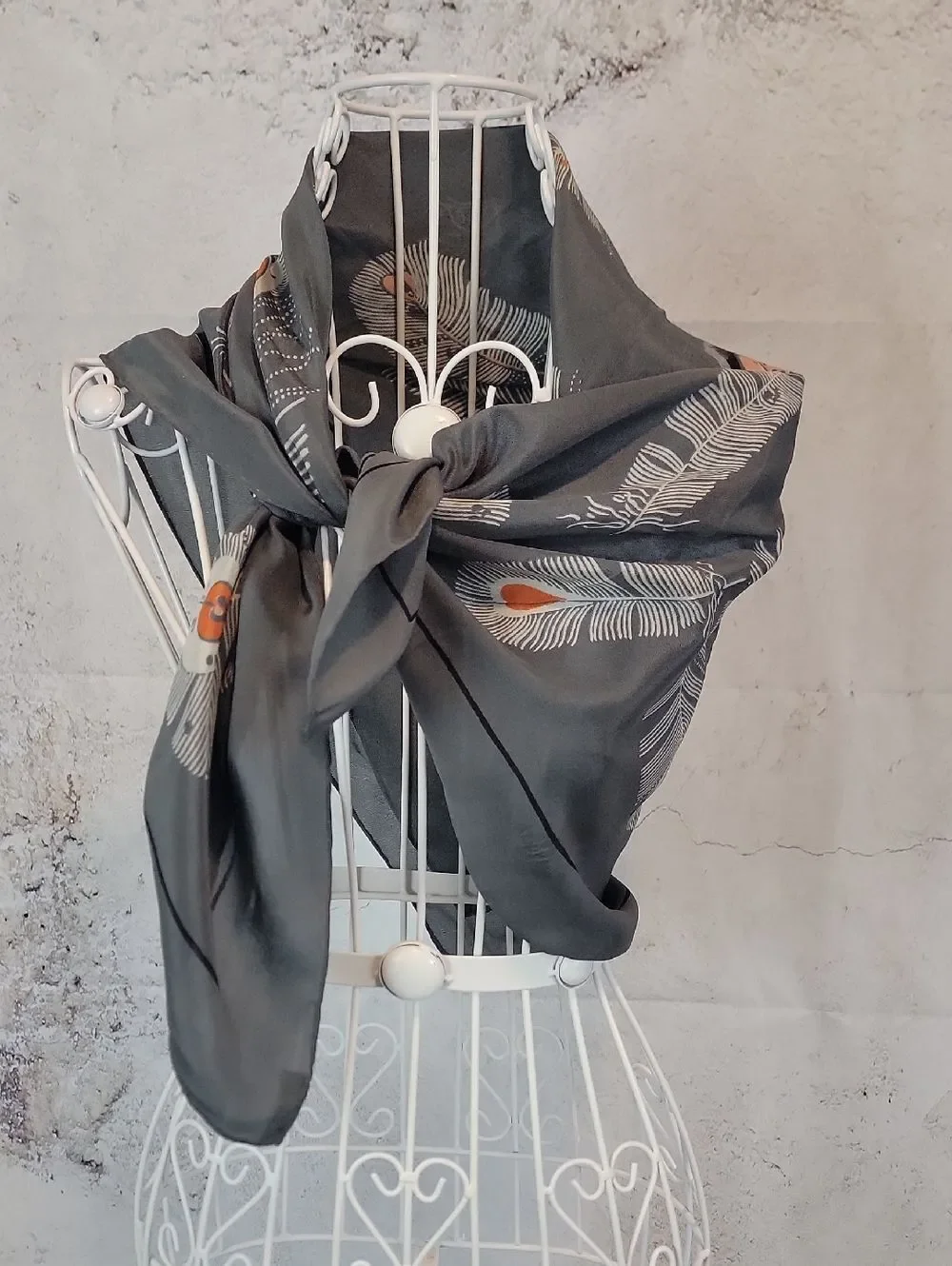 Echo Silk Feather Print Square Scarf in Gray and Peach 31